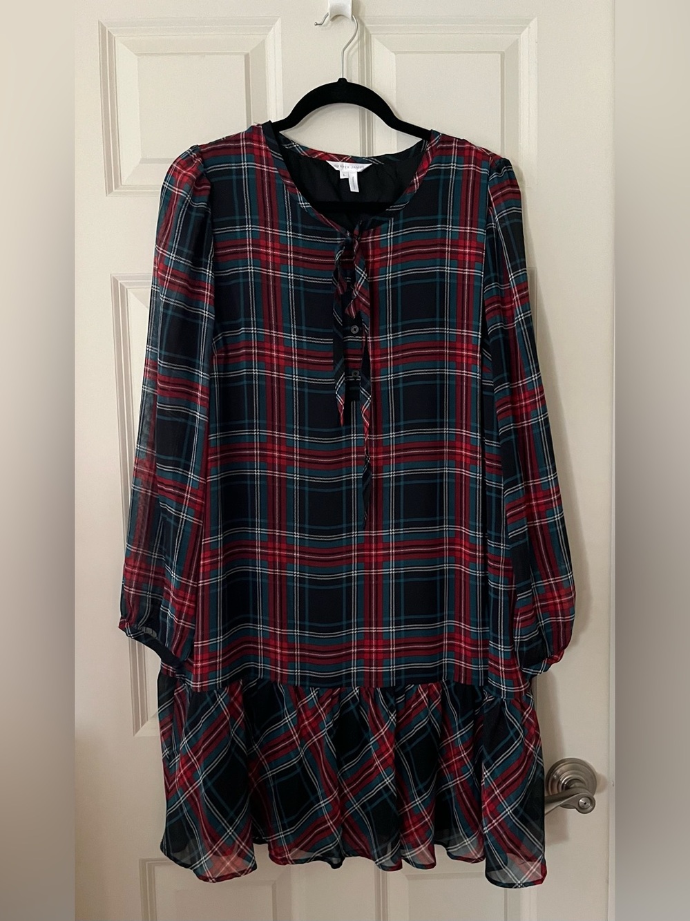 Draper James Rosanne Shift Dress Plaid Holiday Tartan Tie Neck Long Sleeve L